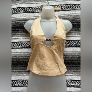 Large Halter Corset Top Tan Beaded Y2K Festival Boho Vintage Style
